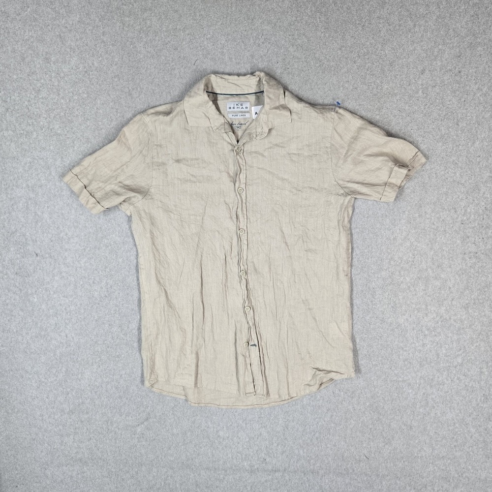 Ike Behar Men Button Up Shirt S Beige Linen Shirt Short Sleeve Breathable